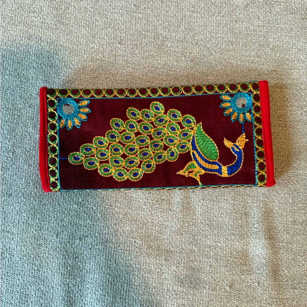 Embroidered Peacock Clutch - Red and Purple